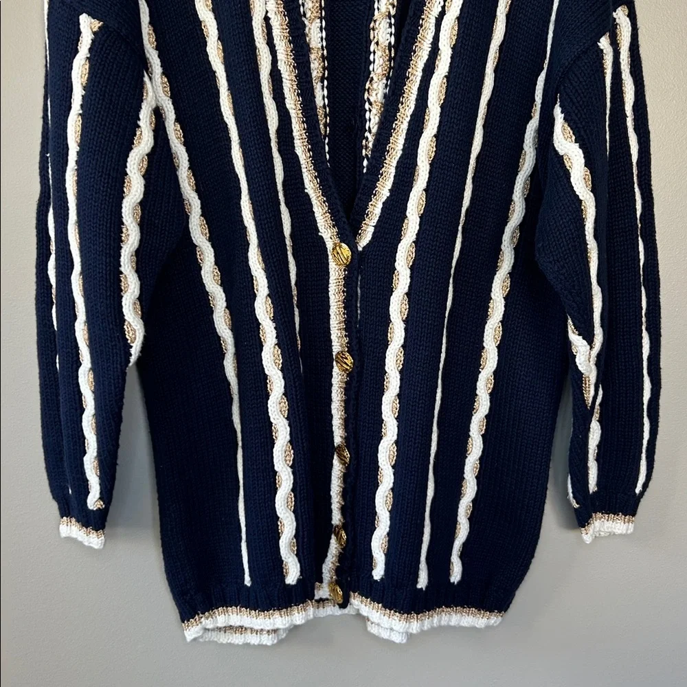Vintage Marisa Christina Cardigan Size Medium Navy‎ Blue Gold White Nautical